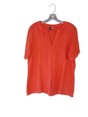 Aquarium U.S.A. Vintage Bright Orange Split Neck Short Sleeved Linen Tunic Large